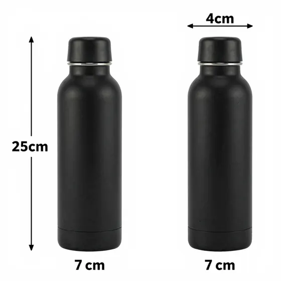 Black travel bottle with height and width dimension labels