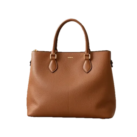 Tan leather handbag cutout on a transparent checkerboard after background removal